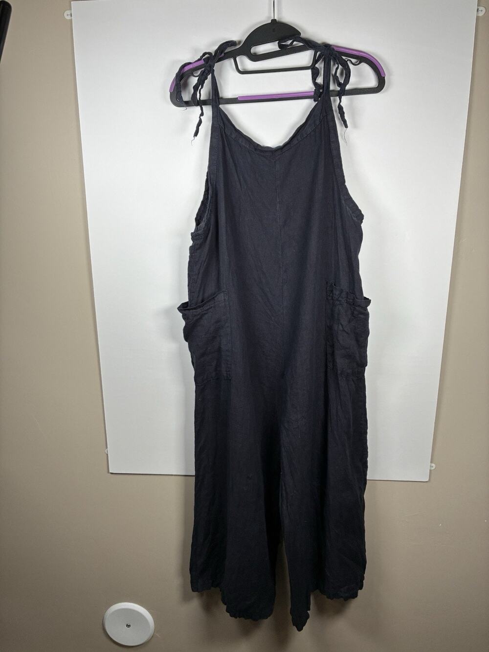 Meo Meli 100% Linen Romper Navy Made in Italy Tie Strap Pockets Coastal Boho